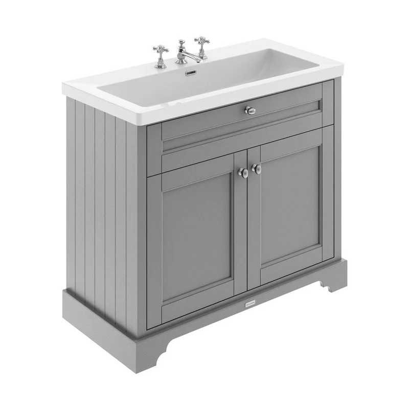 Hudson Reed Old London 1000mm 2-door Unit & Contemp Fireclay Basin 3th Trad Storm Grey Fireclay,MDF Vinyl Textured Woodgrain 855x1013x462mm