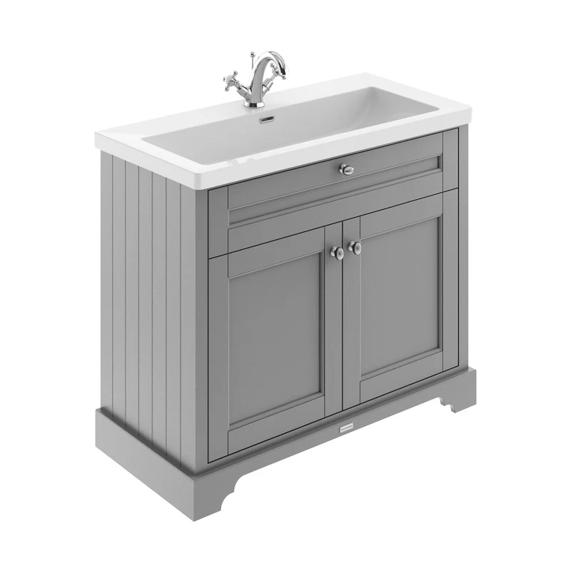 Hudson Reed Old London 1000mm 2-door Unit & Contemp Fireclay Basin 1th Trad Storm Grey Fireclay,MDF Vinyl Textured Woodgrain 855x1030x462mm