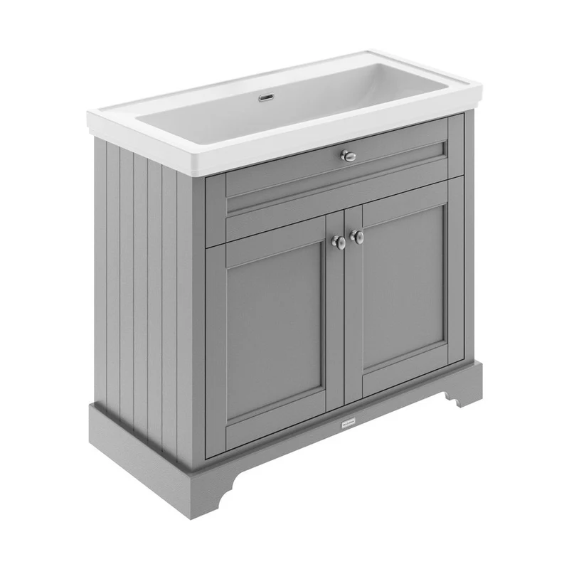 Hudson Reed Old London 1000mm 2-door Unit & Classic Fireclay Basin 0th Trad Storm Grey Fireclay,MDF Vinyl Textured Woodgrain 867x1020x470mm