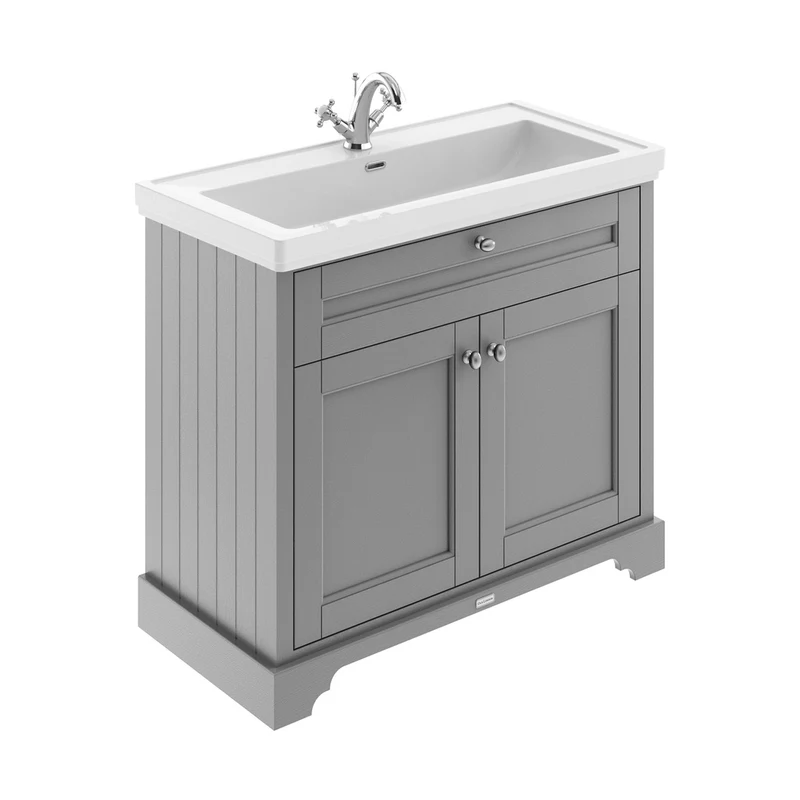 Hudson Reed Old London 1000mm 2-door Unit & Classic Fireclay Basin 1th Trad Storm Grey Fireclay,MDF Vinyl Textured Woodgrain 867x1030x470mm
