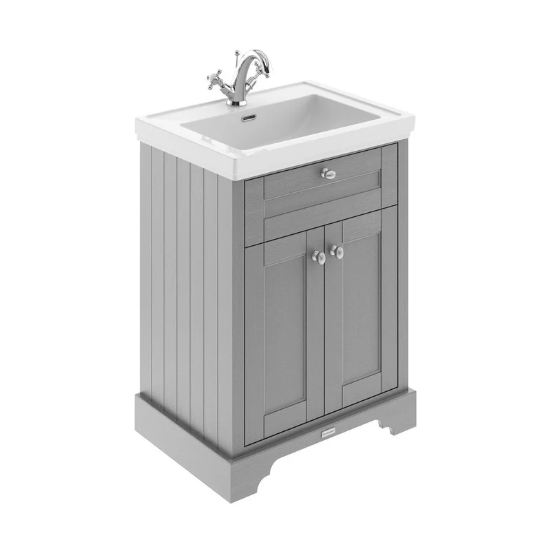 Hudson Reed Old London 600mm 2-door Vanity & Classic Basin 1th Trad Storm Grey MDF Vinyl Textured Woodgrain 875x630x471mm