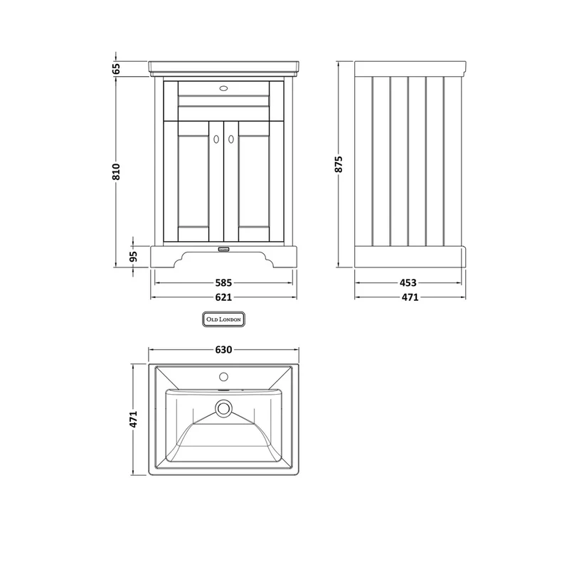 Hudson Reed Old London 600mm 2-door Vanity & Classic Basin 1th Trad Storm Grey MDF Vinyl Textured Woodgrain 875x630x471mm