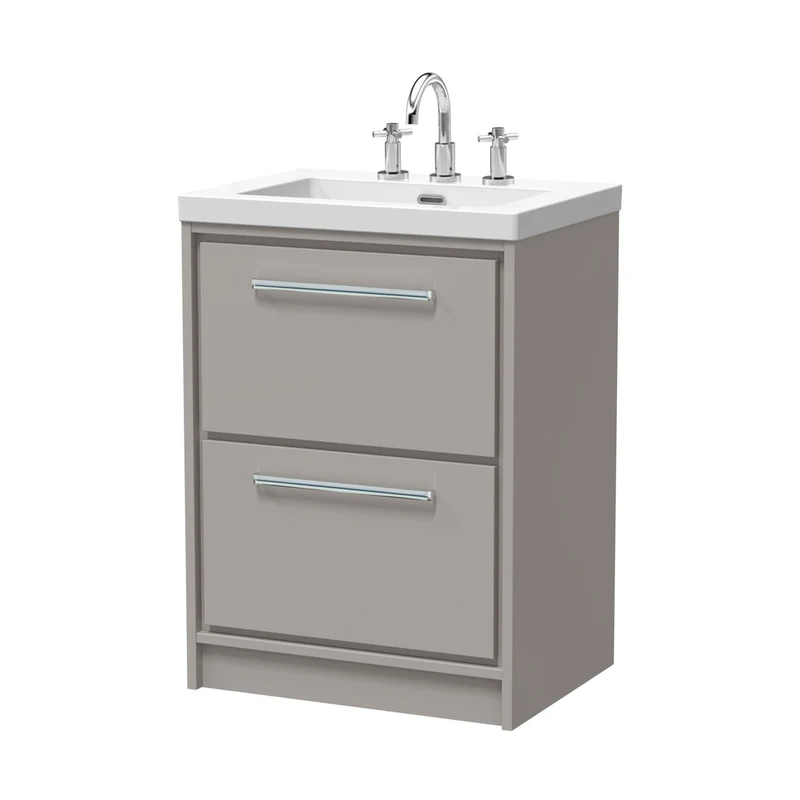 Hudson Reed Lille 600mm Floor Standing 2-drawer Vanity With Basin - 3 Tap Hole Contemp Pebble Grey Fireclay,MFC Smooth Matt 845x613x462mm