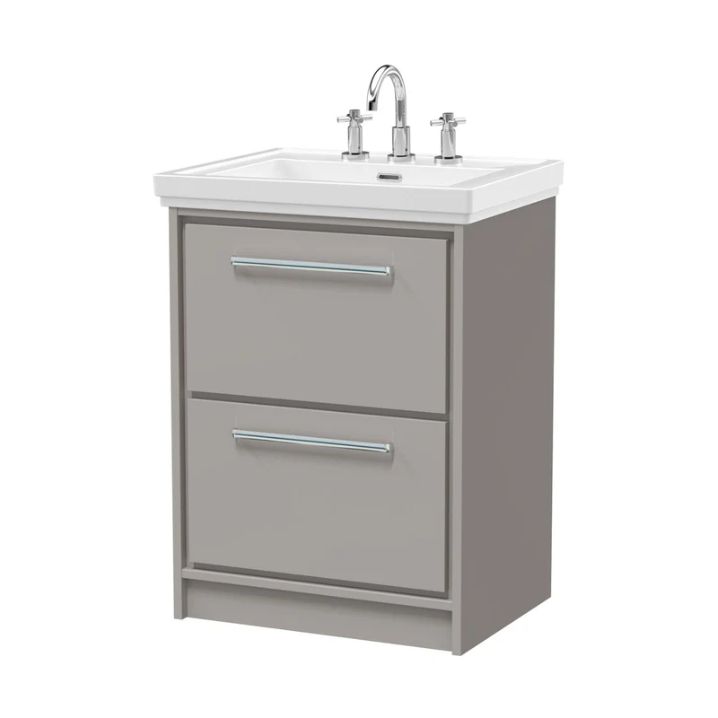 Hudson Reed Lille 600mm Floor Standing 2-drawer Vanity With Basin - 3 Tap Hole Contemp Pebble Grey Fireclay,MFC Smooth Matt 866x630x471mm
