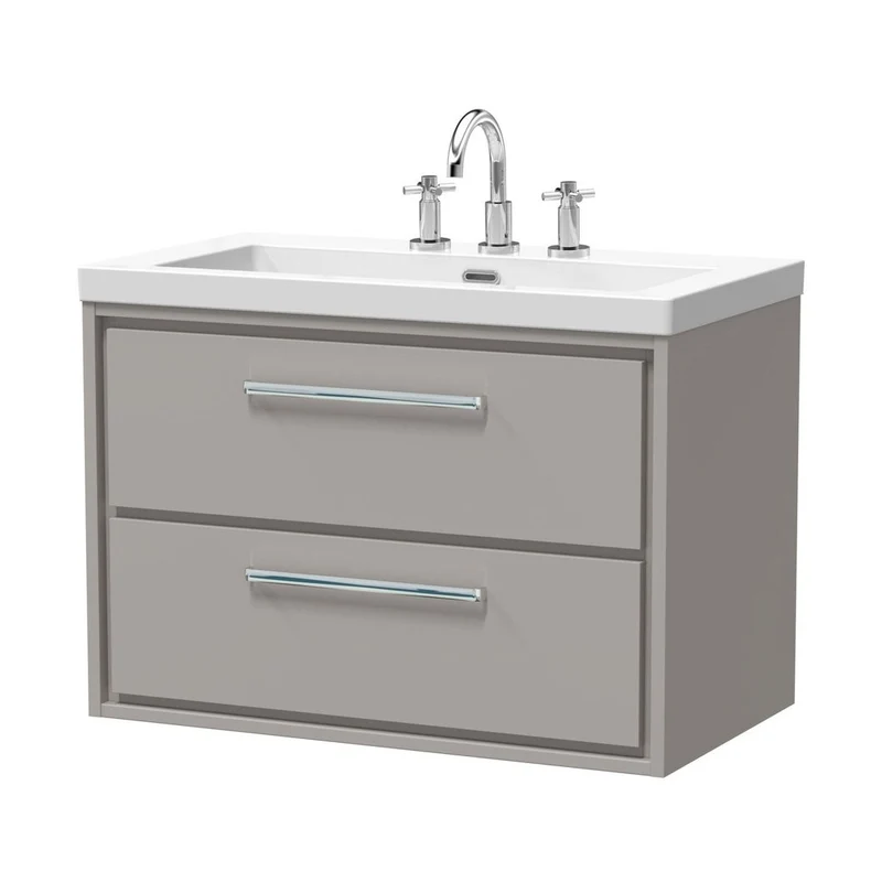 Hudson Reed Lille 800mm Wall Hung 2-drawer Vanity With Basin - 3 Tap Hole Contemp Pebble Grey Fireclay,MFC Smooth Matt 584x813x462mm