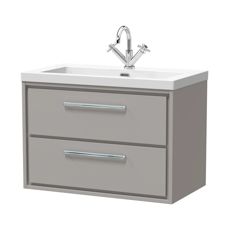 Hudson Reed Lille 800mm Wall Hung 2-drawer Vanity With Basin - 1 Tap Hole Contemp Pebble Grey Fireclay,MFC Smooth Matt 584x813x462mm