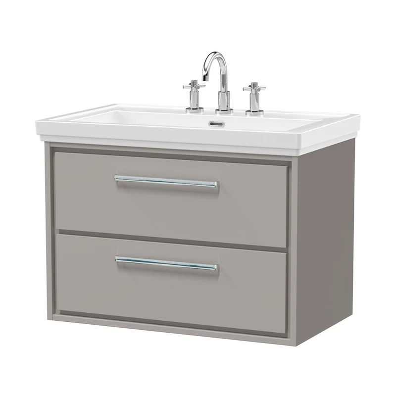 Hudson Reed Lille 800mm Wall Hung 2-drawer Vanity With Basin - 3 Tap Hole Contemp Pebble Grey Fireclay,MFC Smooth Matt 606x830x471mm