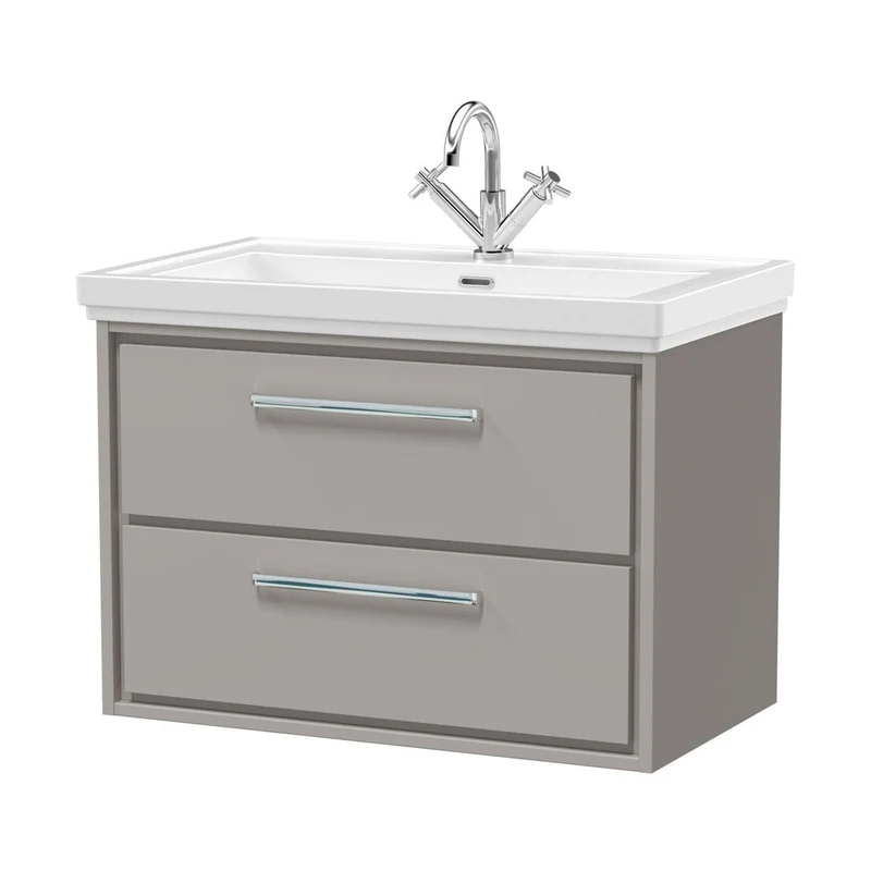 Hudson Reed Lille 800mm Wall Hung 2-drawer Vanity With Basin - 1 Tap Hole Contemp Pebble Grey Fireclay,MFC Smooth Matt 606x830x471mm