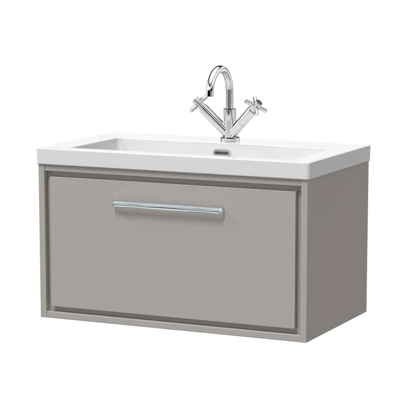 Hudson Reed Lille 800mm Wall Hung Single Drawer Vanity With Basin - 1 Tap Hole Contemp Pebble Grey Fireclay,MFC Smooth Matt 476x813x462mm