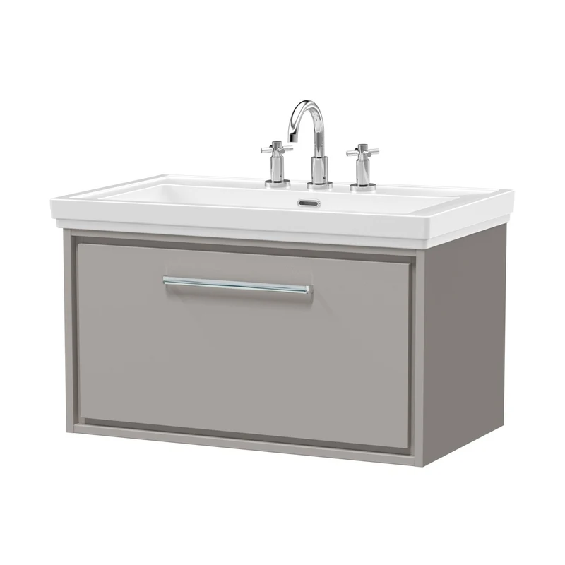Hudson Reed Lille 800mm Wall Hung Single Drawer Vanity With Basin - 3 Tap Hole Contemp Pebble Grey Fireclay,MFC Smooth Matt 498x830x471mm