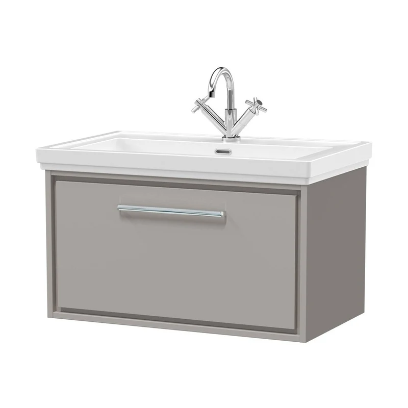 Hudson Reed Lille 800mm Wall Hung Single Drawer Vanity With Basin - 1 Tap Hole Contemp Pebble Grey Fireclay,MFC Smooth Matt 498x830x471mm