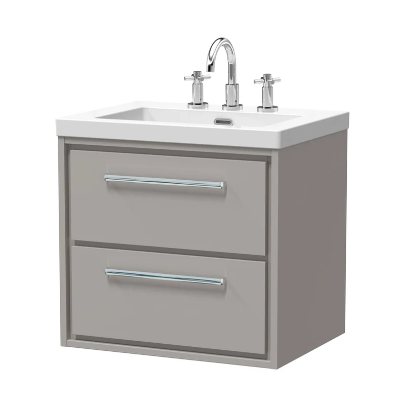 Hudson Reed Lille 600mm Wall Hung 2-drawer Vanity With Basin - 3 Tap Hole Contemp Pebble Grey Fireclay,MFC Smooth Matt 584x613x462mm