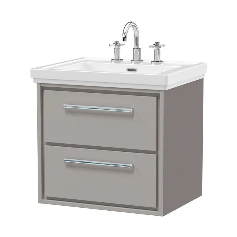 Hudson Reed Lille 600mm Wall Hung 2-drawer Vanity With Basin - 3 Tap Hole Contemp Pebble Grey Fireclay,MFC Smooth Matt 605x630x471mm