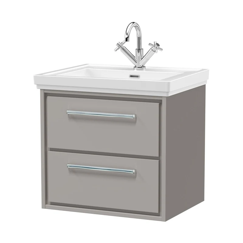 Hudson Reed Lille 600mm Wall Hung 2-drawer Vanity With Basin - 1 Tap Hole Contemp Pebble Grey Fireclay,MFC Smooth Matt 605x630x471mm