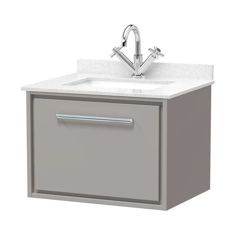 Hudson Reed Lille 600mm Wall Hung Single Drawer Vanity With Marble Worktop Basin Contemp Pebble Grey MFC Smooth Matt,vitreous China 509x620x470mm