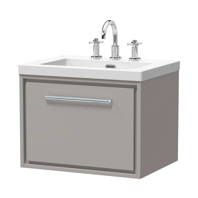 Hudson Reed Lille 600mm Wall Hung Single Drawer Vanity With Basin - 3 Tap Hole Contemp Pebble Grey Fireclay,MFC Smooth Matt 476x613x462mm