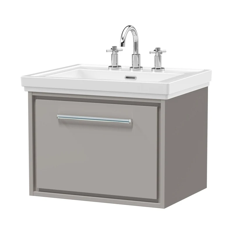 Hudson Reed Lille 600mm Wall Hung Single Drawer Vanity With Basin - 3 Tap Hole Contemp Pebble Grey Fireclay,MFC Smooth Matt 497x630x471mm