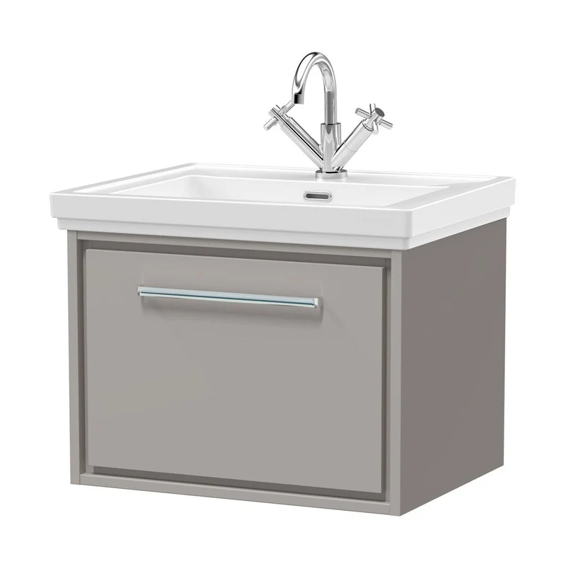 Hudson Reed Lille 600mm Wall Hung Single Drawer Vanity With Basin - 1 Tap Hole Contemp Pebble Grey Fireclay,MFC Smooth Matt 497x630x471mm