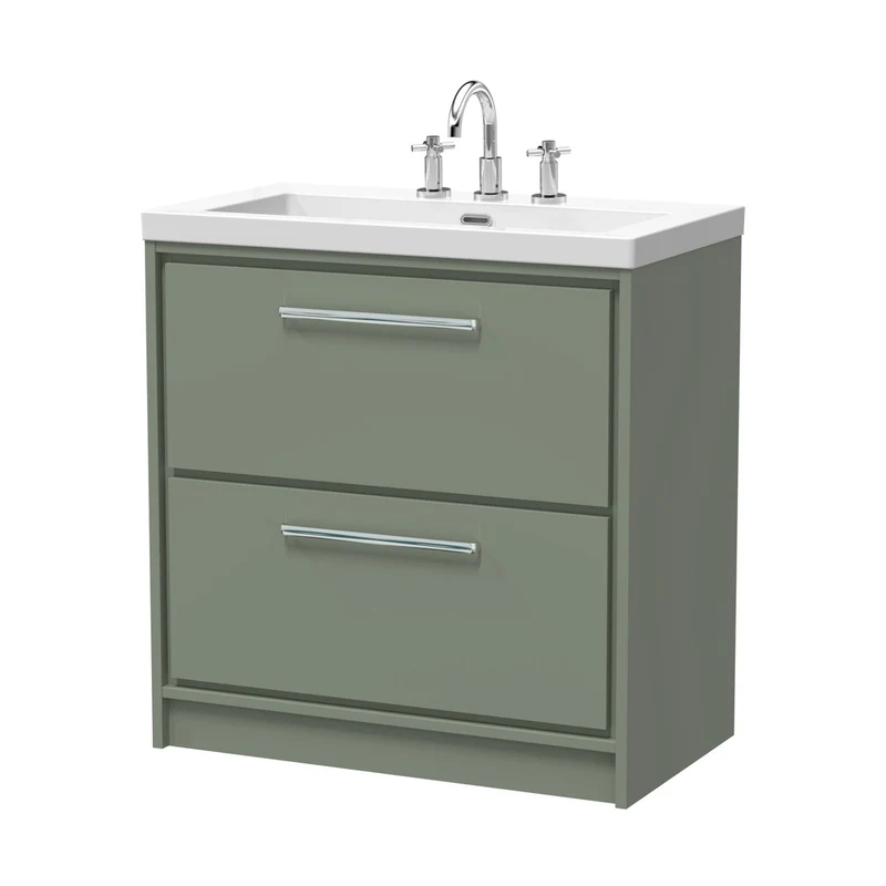 Hudson Reed Lille 800mm Floor Standing 2-drawer Vanity With Basin - 3 Tap Hole Contemp Fern Green Fireclay,MFC Smooth Matt 845x813x462mm