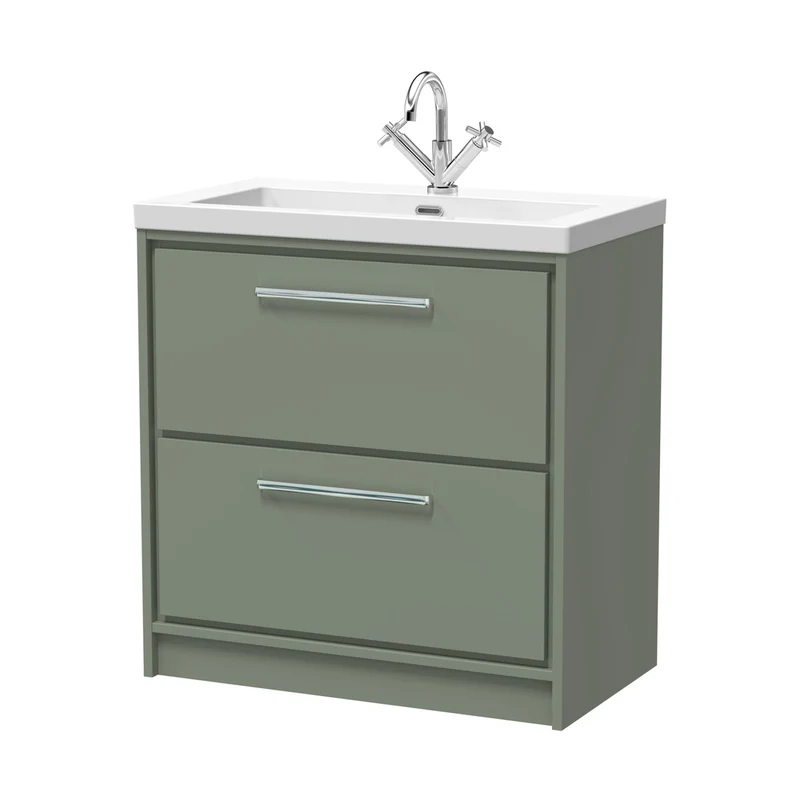 Hudson Reed Lille 800mm Floor Standing 2-drawer Vanity With Basin - 1 Tap Hole Contemp Fern Green Fireclay,MFC Smooth Matt 845x813x462mm