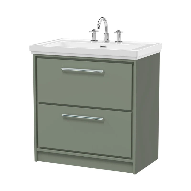 Hudson Reed Lille 800mm Floor Standing 2-drawer Vanity With Basin - 3 Tap Hole Contemp Fern Green Fireclay,MFC Smooth Matt 867x830x471mm
