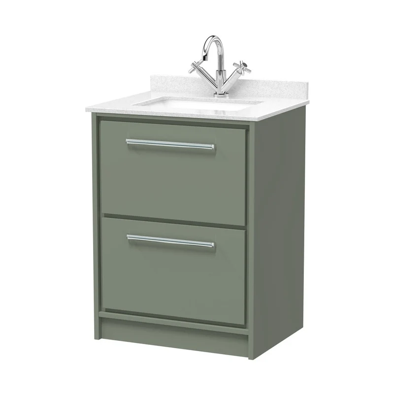 Hudson Reed Lille 600mm Floor Standing 2-drawer Vanity With Marble Worktop Basin Contemp Fern Green MFC Smooth Matt,vitreous China 878x620x470mm
