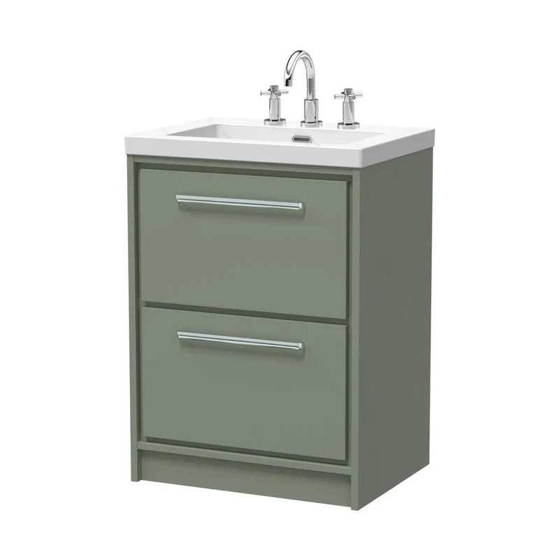 Hudson Reed Lille 600mm Floor Standing 2-drawer Vanity With Basin - 3 Tap Hole Contemp Fern Green Fireclay,MFC Smooth Matt 845x613x462mm