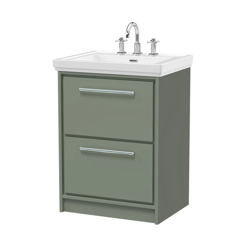 Hudson Reed Lille 600mm Floor Standing 2-drawer Vanity With Basin - 3 Tap Hole Contemp Fern Green Fireclay,MFC Smooth Matt 866x630x471mm