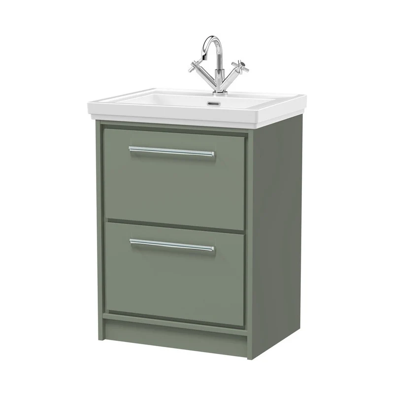 Hudson Reed Lille 600mm Floor Standing 2-drawer Vanity With Basin - 1 Tap Hole Contemp Fern Green Fireclay,MFC Smooth Matt 866x630x471mm