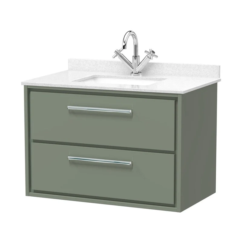 Hudson Reed Lille 800mm Wall Hung 2-drawer Vanity With Marble Worktop Basin Contemp Fern Green MFC Smooth Matt,vitreous China 617x820x470mm