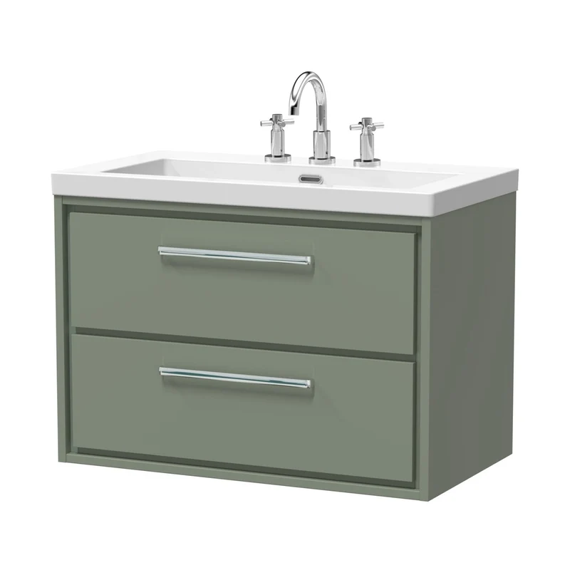 Hudson Reed Lille 800mm Wall Hung 2-drawer Vanity With Basin - 3 Tap Hole Contemp Fern Green Fireclay,MFC Smooth Matt 584x813x462mm