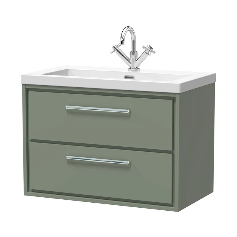 Hudson Reed Lille 800mm Wall Hung 2-drawer Vanity With Basin - 1 Tap Hole Contemp Fern Green Fireclay,MFC Smooth Matt 584x813x462mm