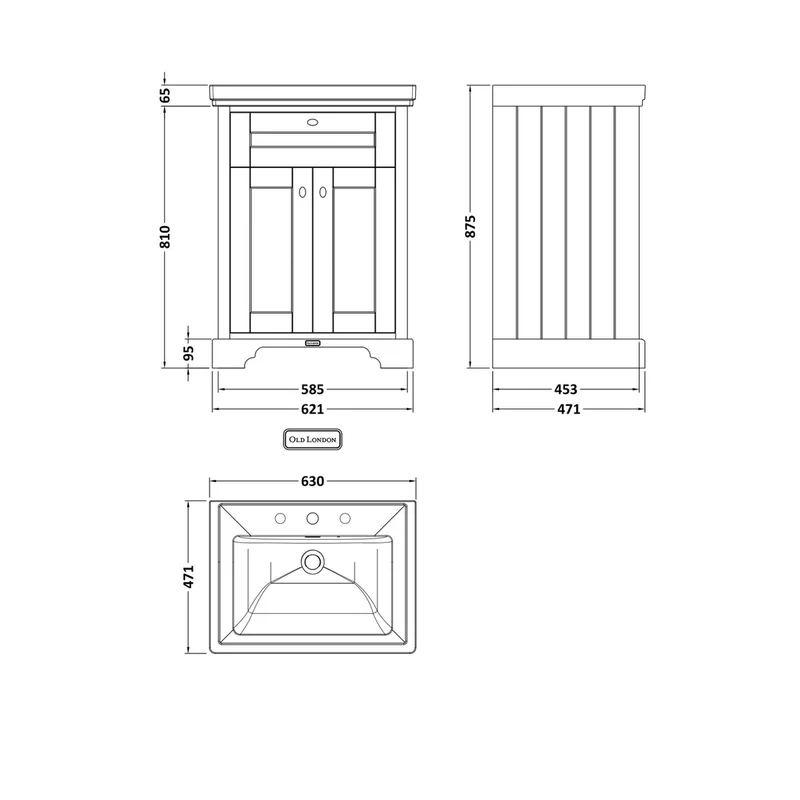 Hudson Reed Old London 600mm 2-door Vanity & Classic Basin 3th Trad Hunter Green MDF Vinyl Smooth Matt 875x630x471mm