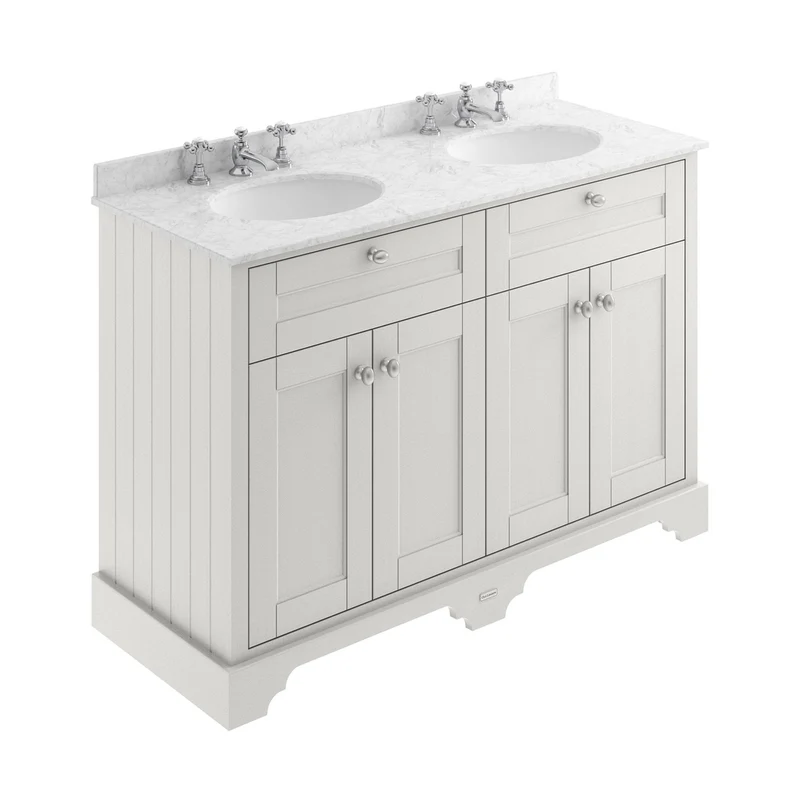 Hudson Reed Old London 1200mm Cabinet & Double Marble Top (3th) Trad Timeless Sand MDF Vinyl Textured Woodgrain 886x1220x470mm - LOF468