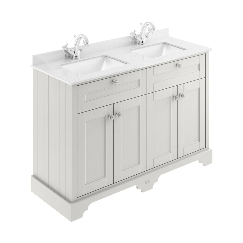 Hudson Reed Old London 1200mm Cabinet & Double Marble Top (1th) Trad Timeless Sand MDF Vinyl Textured Woodgrain 845x1250x505mm