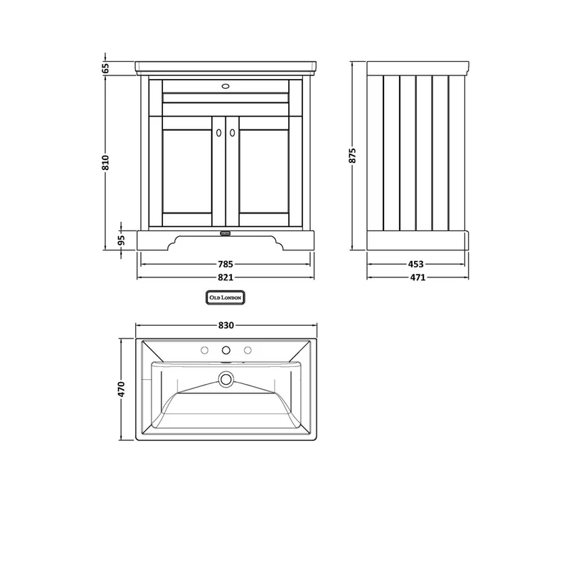 Hudson Reed Old London 800mm 2-door Vanity & Classic Basin 3th Trad Timeless Sand MDF Vinyl Textured Woodgrain 875x830x471mm