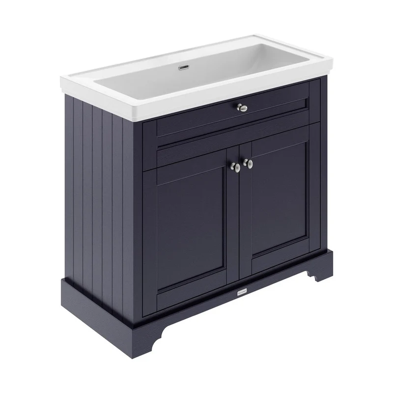 Hudson Reed Old London 1000mm 2-door Unit & Classic Fireclay Basin 0th Trad Twilight Blue Fireclay,MDF Vinyl Textured Woodgrain 867x1020x470mm