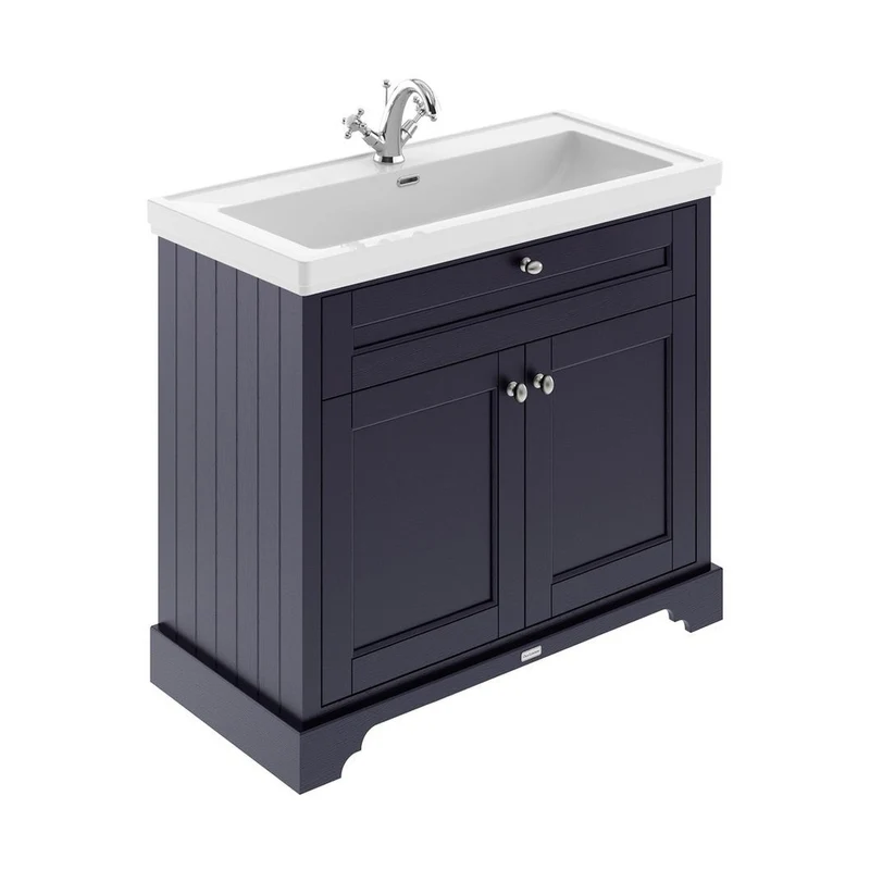 Hudson Reed Old London 1000mm 2-door Unit & Classic Fireclay Basin 1th Trad Twilight Blue Fireclay,MDF Vinyl Textured Woodgrain 867x1030x470mm