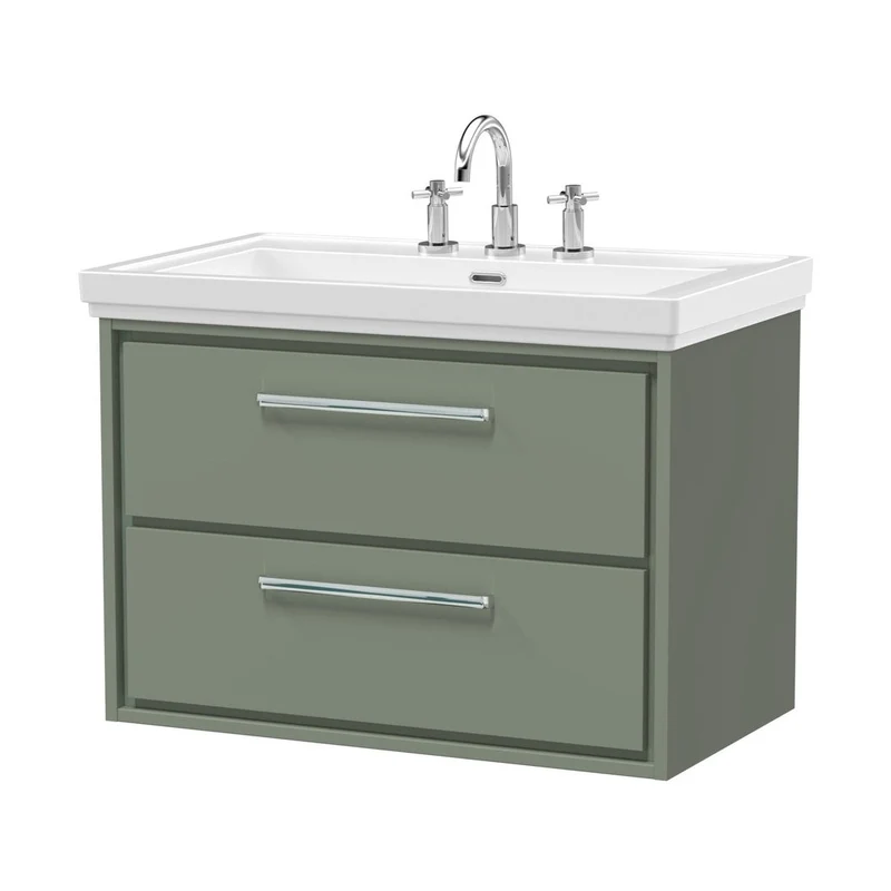 Hudson Reed Lille 800mm Wall Hung 2-drawer Vanity With Basin - 3 Tap Hole Contemp Fern Green Fireclay,MFC Smooth Matt 606x830x471mm