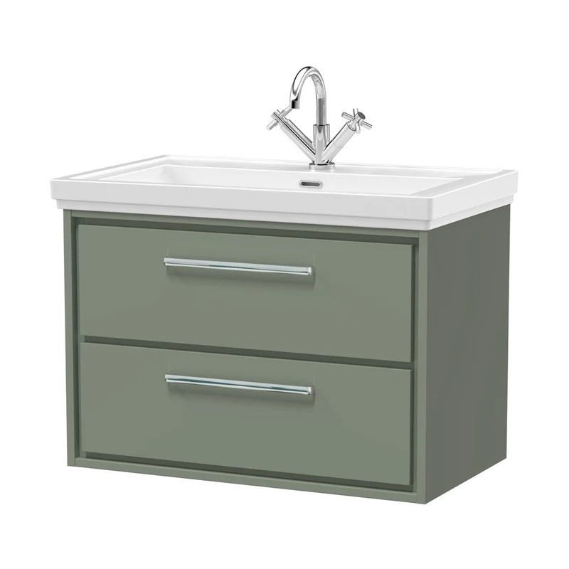 Hudson Reed Lille 800mm Wall Hung 2-drawer Vanity With Basin - 1 Tap Hole Contemp Fern Green Fireclay,MFC Smooth Matt 606x830x471mm