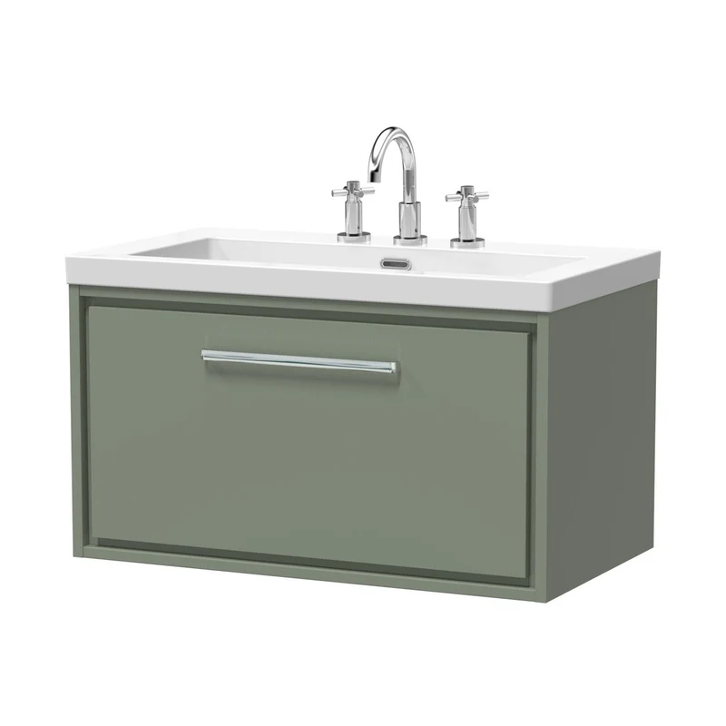 Hudson Reed Lille 800mm Wall Hung Single Drawer Vanity With Basin - 3 Tap Hole Contemp Fern Green Fireclay,MFC Smooth Matt 476x813x462mm
