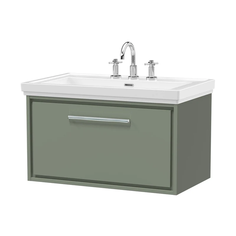 Hudson Reed Lille 800mm Wall Hung Single Drawer Vanity With Basin - 3 Tap Hole Contemp Fern Green Fireclay,MFC Smooth Matt 498x830x471mm
