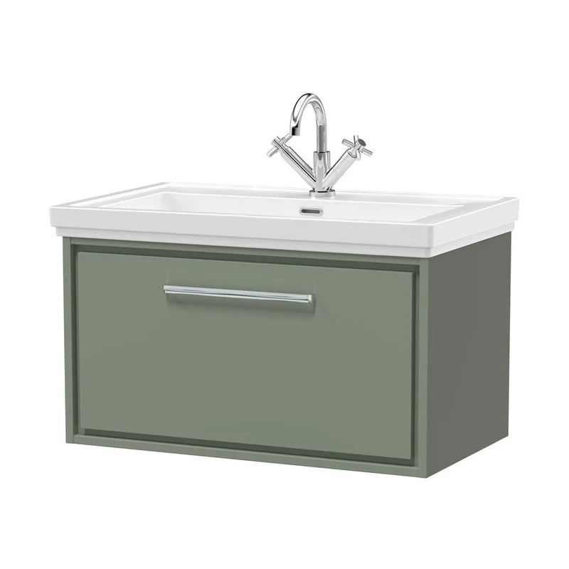Hudson Reed Lille 800mm Wall Hung Single Drawer Vanity With Basin - 1 Tap Hole Contemp Fern Green Fireclay,MFC Smooth Matt 498x830x471mm