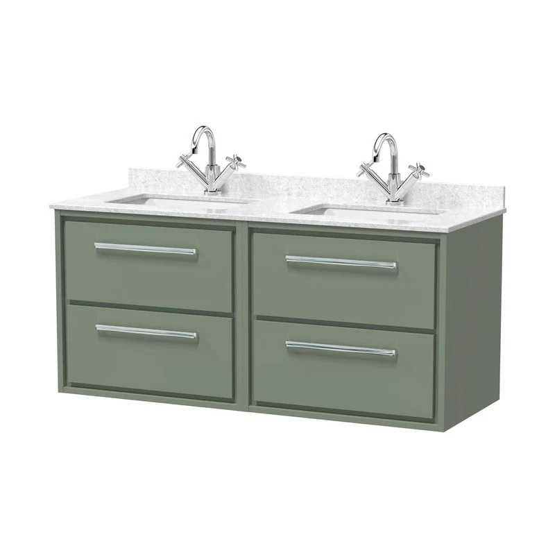 Hudson Reed Lille 1200mm Wall Hung 4-drawer Vanity With Marble Worktop Basin Contemp Fern Green MFC Smooth Matt,vitreous China 617x1220x470mm
