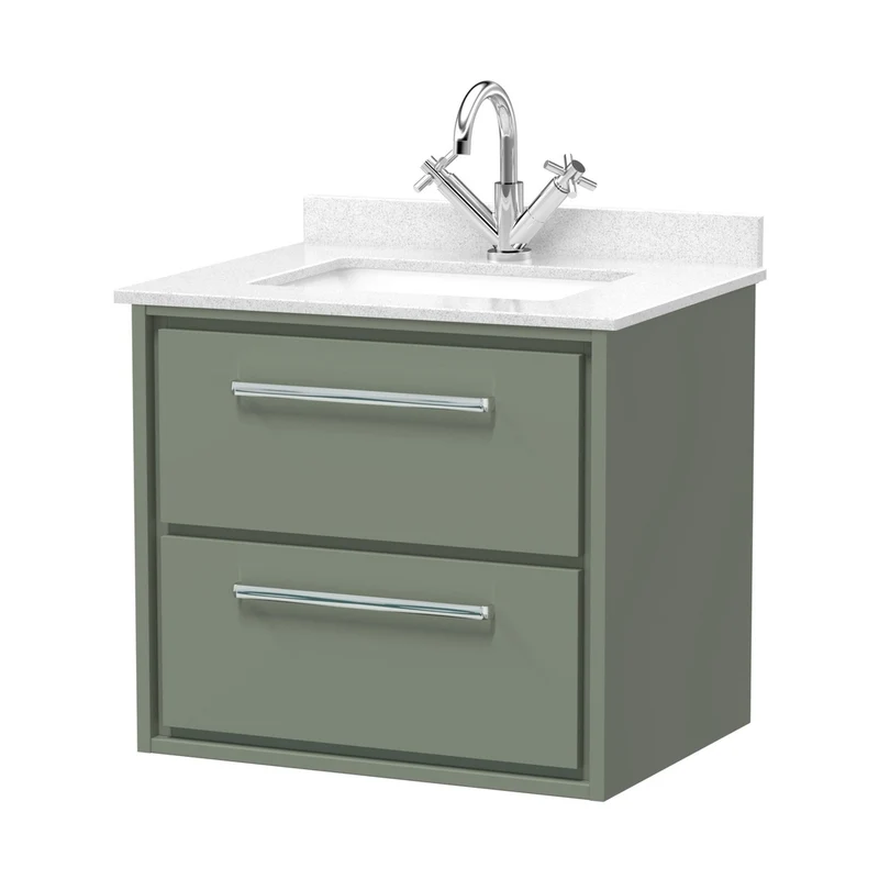 Hudson Reed Lille 600mm Wall Hung 2-drawer Vanity With Marble Worktop Basin Contemp Fern Green MFC Smooth Matt,vitreous China 617x620x470mm