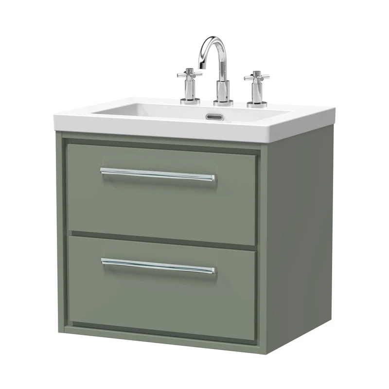Hudson Reed Lille 600mm Wall Hung 2-drawer Vanity With Basin - 3 Tap Hole Contemp Fern Green Fireclay,MFC Smooth Matt 584x613x462mm