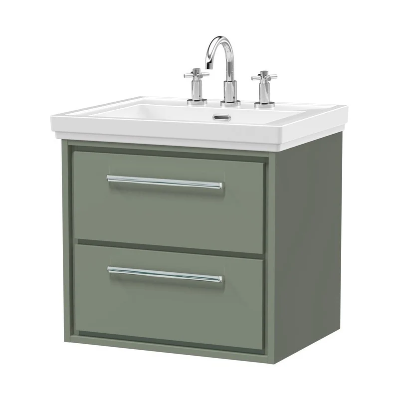 Hudson Reed Lille 600mm Wall Hung 2-drawer Vanity With Basin - 3 Tap Hole Contemp Fern Green Fireclay,MFC Smooth Matt 605x630x471mm