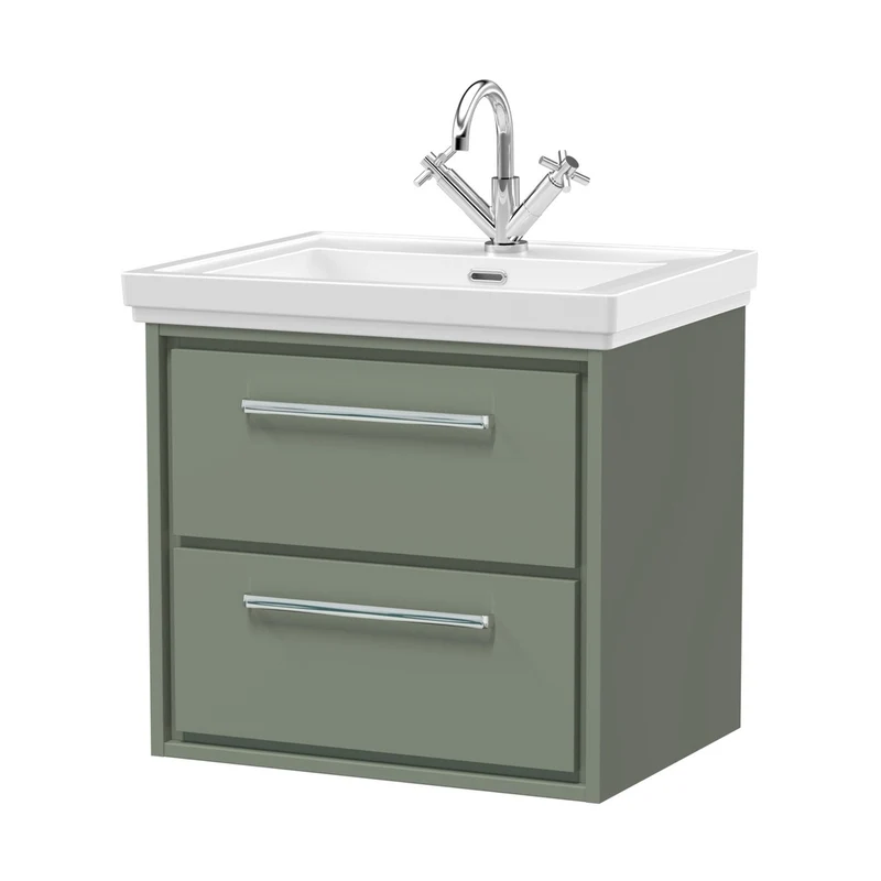 Hudson Reed Lille 600mm Wall Hung 2-drawer Vanity With Basin - 1 Tap Hole Contemp Fern Green Fireclay,MFC Smooth Matt 605x630x471mm