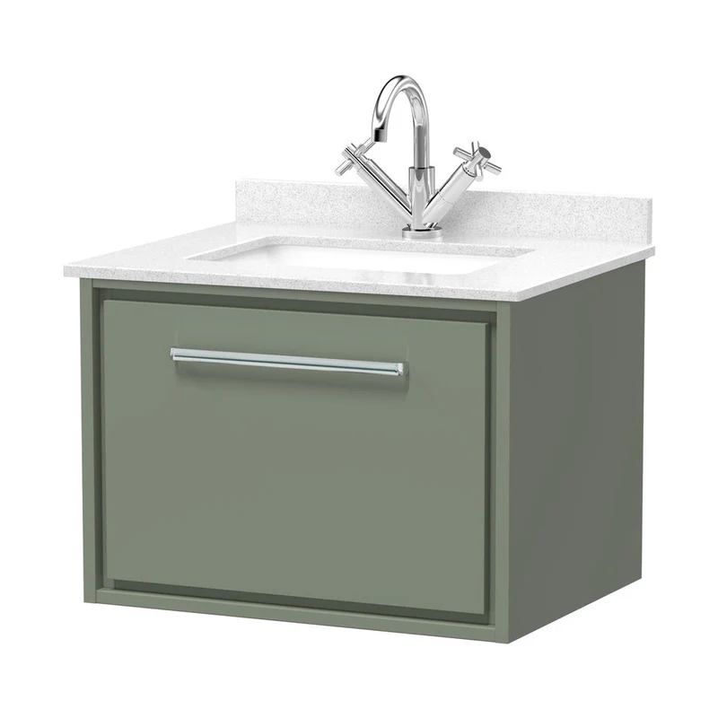 Hudson Reed Lille 600mm Wall Hung Single Drawer Vanity With Marble Worktop Basin Contemp Fern Green MFC Smooth Matt,vitreous China 509x620x470mm