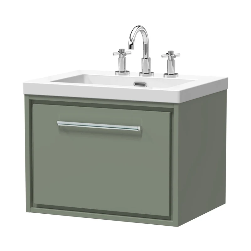 Hudson Reed Lille 600mm Wall Hung Single Drawer Vanity With Basin - 3 Tap Hole Contemp Fern Green Fireclay,MFC Smooth Matt 476x613x462mm